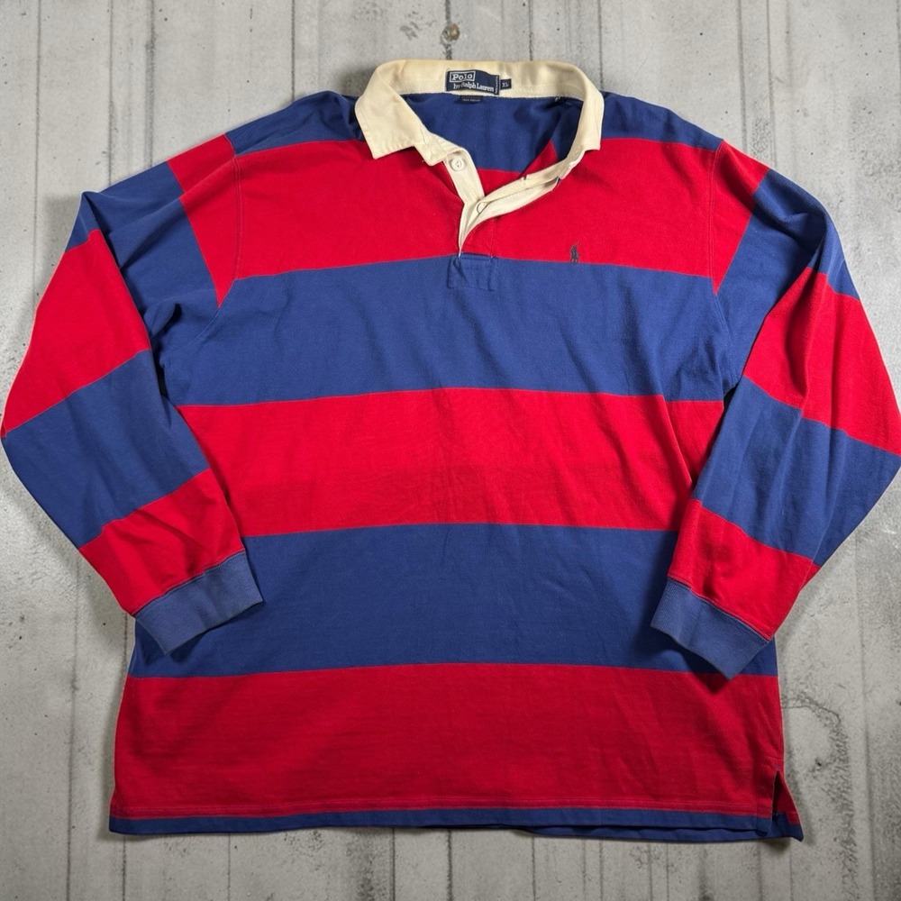 Vintage Polo Ralph Lauren Rugby Shirt XL Red Blue Stripe Pony 90s Malaysia LS